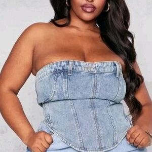 PRETTYLITTLETHING plus blue vintage light wash jean waistband denim corset
